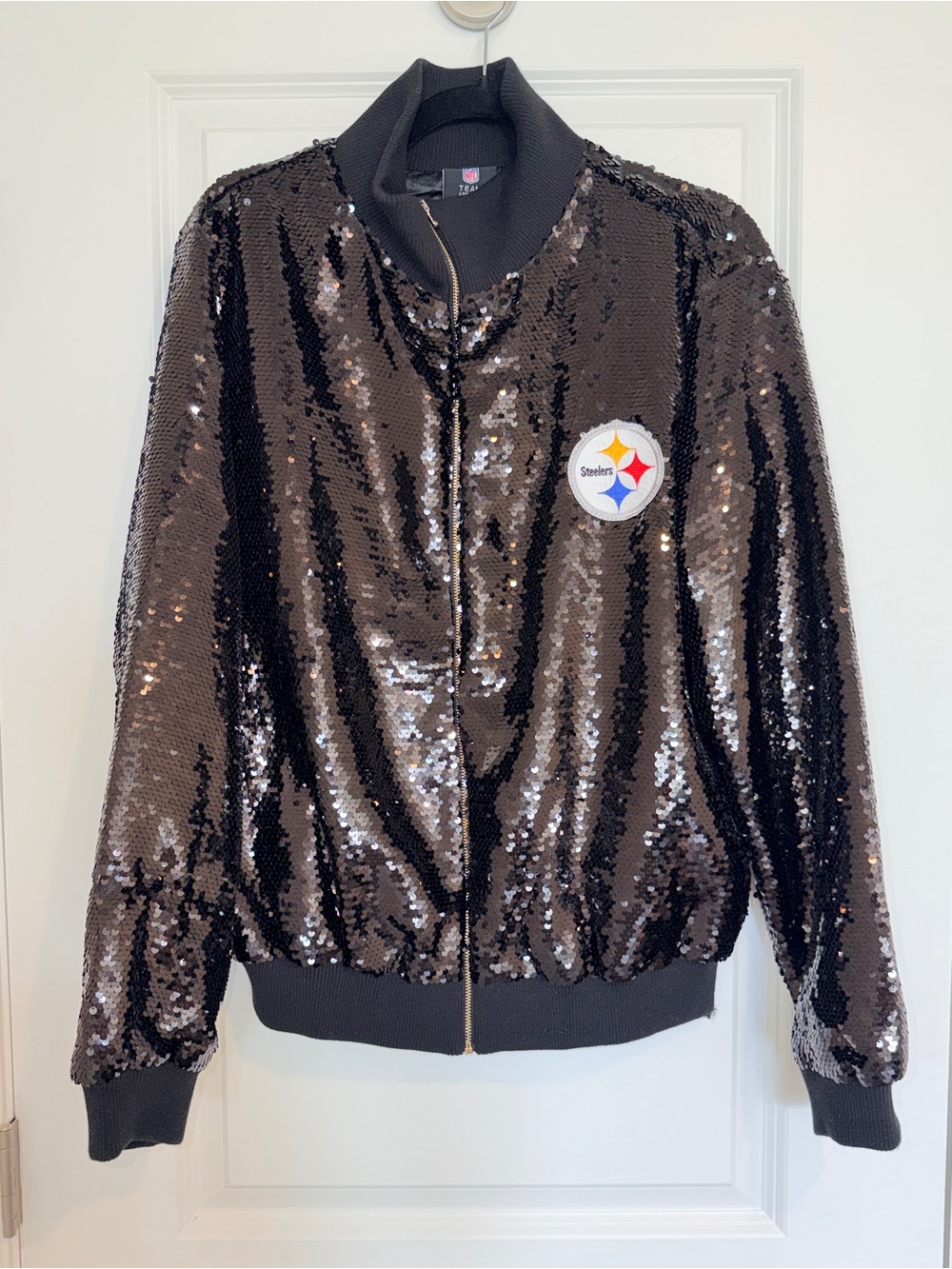 NFL Team Apparel, Sequin Bomber Jacket with Pittsburgh Steelers Patch, Black, OS - Picture 2 of 6